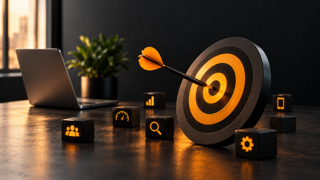 Checklist de optimização de website representada por um alvo e elementos de análise digital