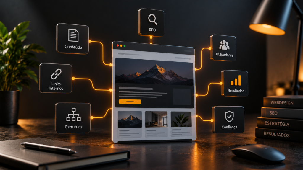 Estrutura de website ligada a conteúdo, SEO, utilizadores, links internos, resultados e confiança