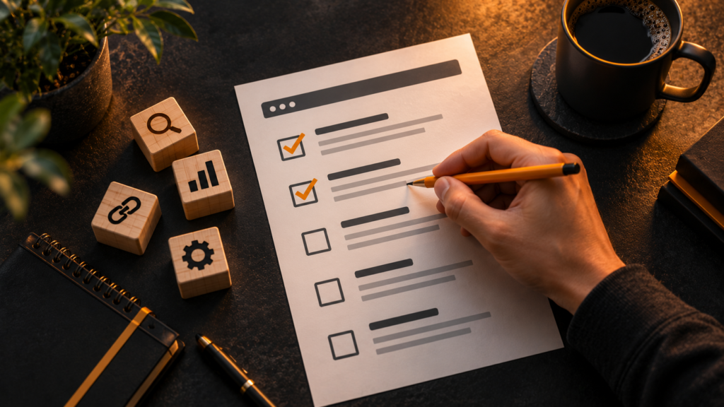 Pessoa a rever uma checklist de optimização com elementos de pesquisa, desempenho e configuração