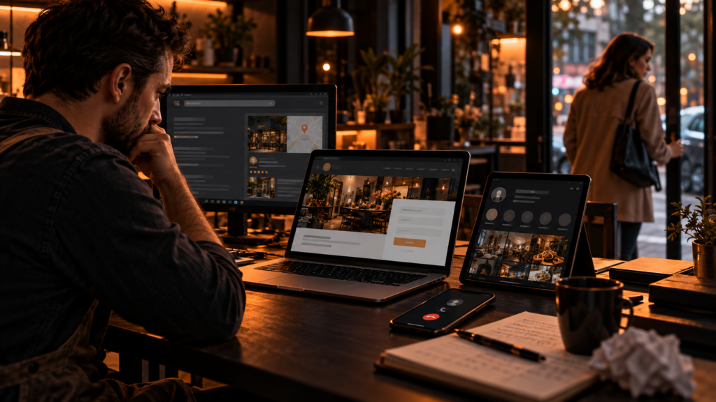 Empresário a analisar a presença digital de um pequeno negócio