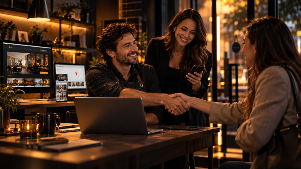 Equipa e cliente a concretizar uma oportunidade gerada pelo marketing digital