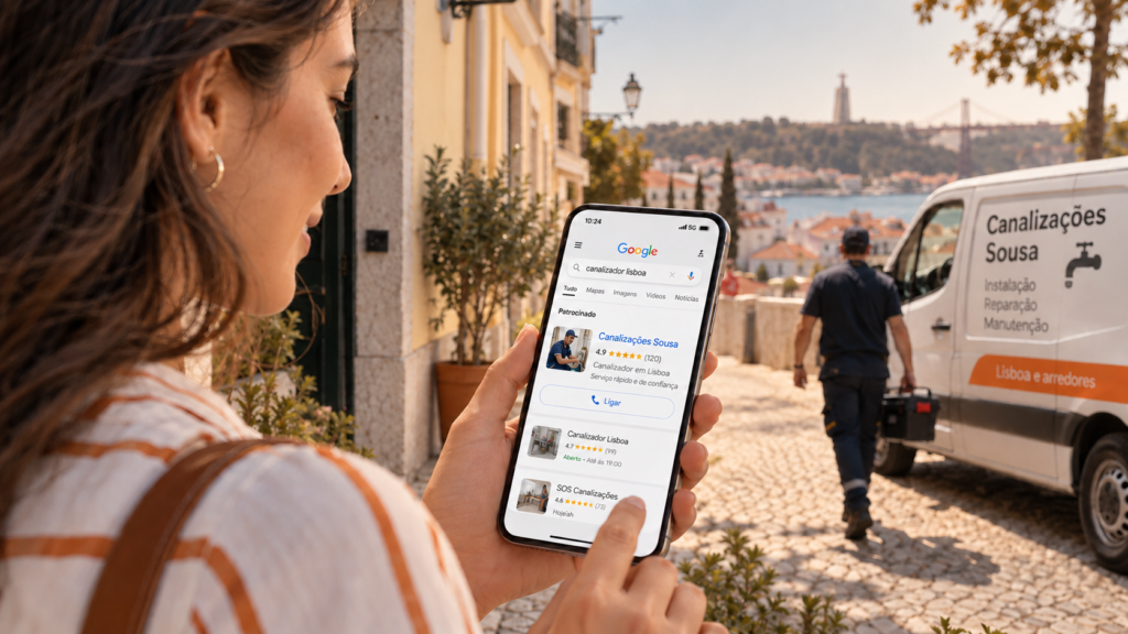 Pesquisa local no Google através de um anúncio patrocinado para serviço de canalização