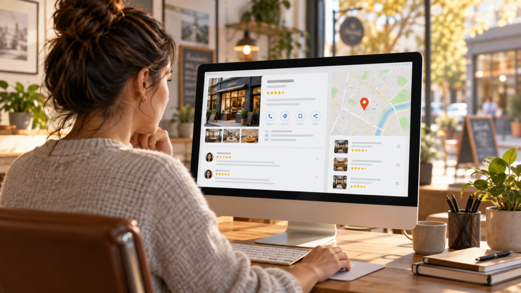 Google Business Profile e pesquisa local apresentados num computador