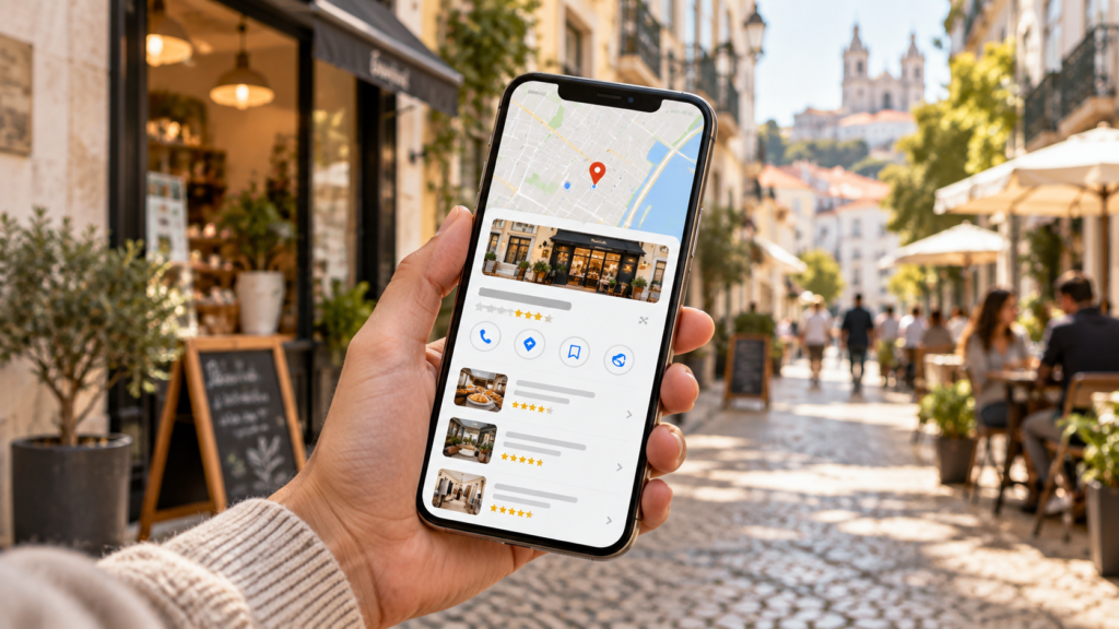 Pesquisa local no Google Maps através de smartphone numa zona comercial