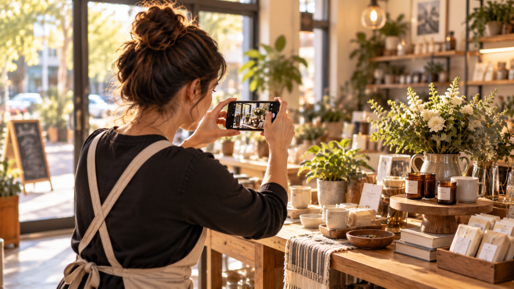 Comerciante a fotografar produtos para actualizar o Google Business Profile