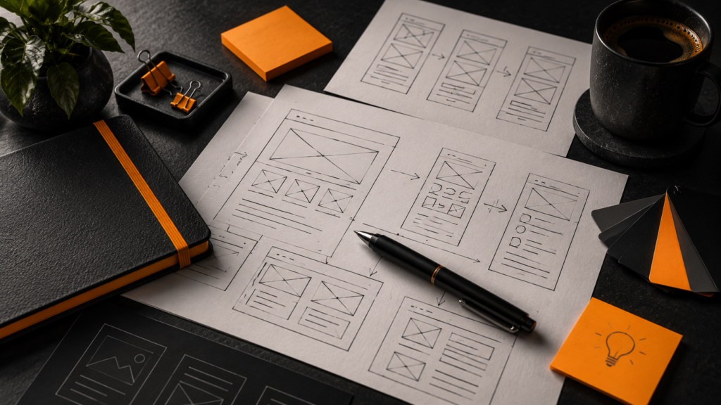 Planeamento de um website profissional em 2026 com wireframes e estrutura de páginas