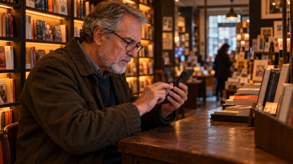 Homem com óculos a consultar um smartphone numa livraria.