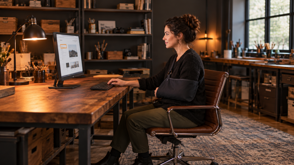 Mulher com um braço imobilizado a navegar num website utilizando o teclado com a mão livre.