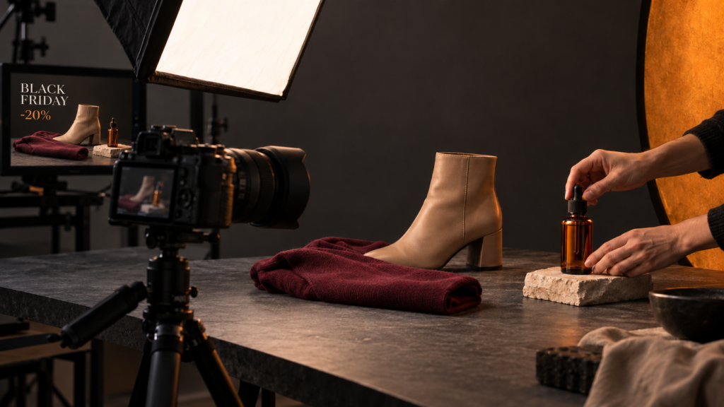 Sessão fotográfica de produtos com iluminação de estúdio e pré-visualização de uma campanha de Black Friday.