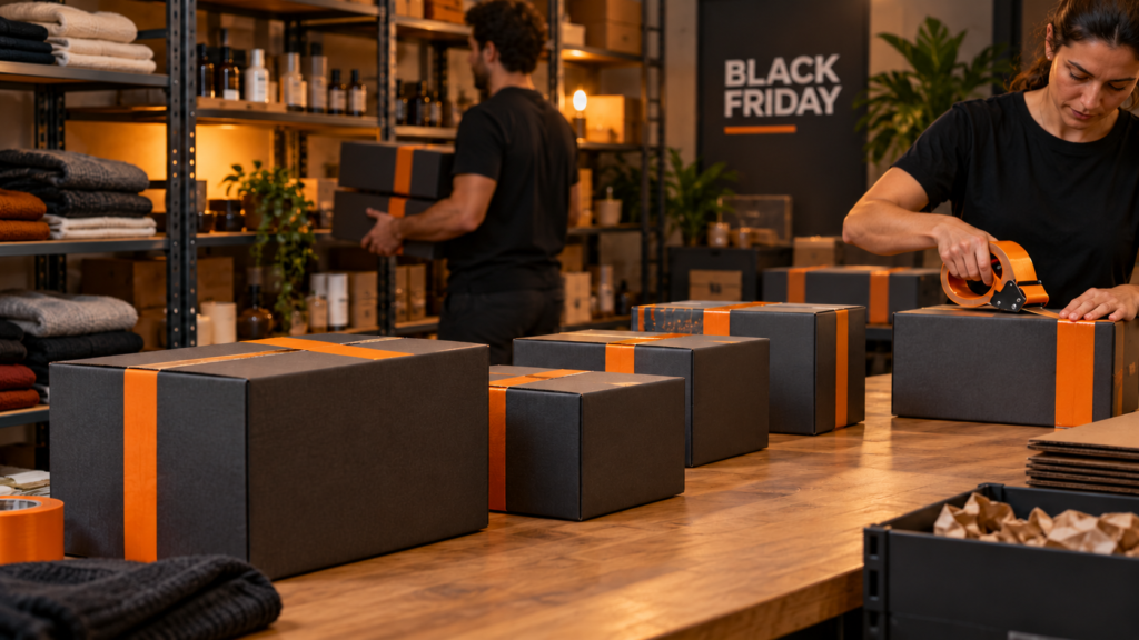 Equipa prepara e organiza encomendas numa loja durante a campanha de Black Friday.