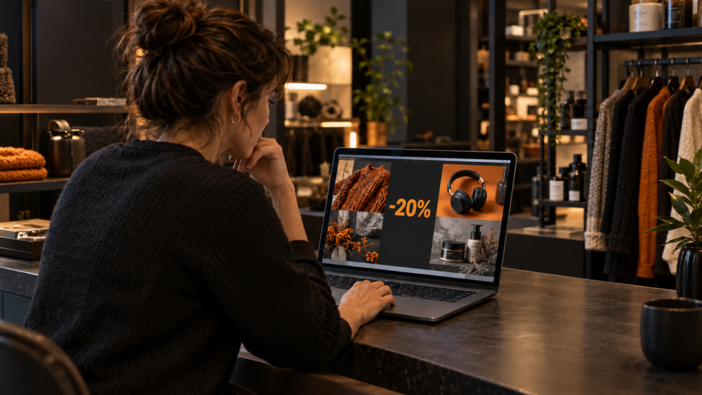 Comerciante prepara a estratégia para a Black Friday 2026 no portátil, com uma campanha de 20% de desconto.
