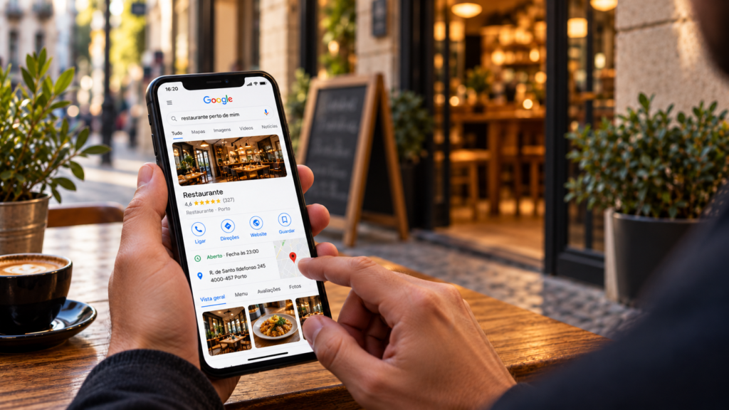 Google Business Profile de um restaurante local apresentado num smartphone junto ao estabelecimento.