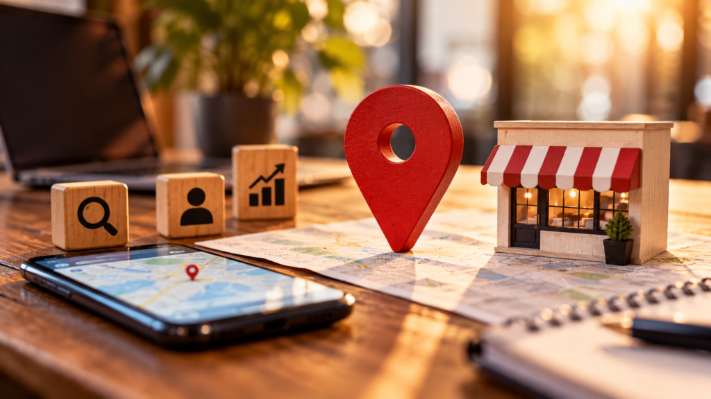 Negócio local representado num mapa com marcador de localização, pesquisa e presença digital.