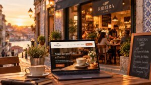 Website de um café local apresentado num portátil em frente ao próprio estabelecimento.
