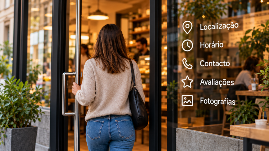 Cliente a entrar num negócio local com informação de localização, horário, contacto, avaliações e fotografias.
