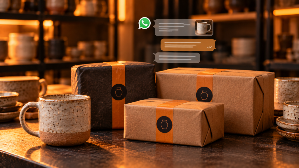 Conversa no WhatsApp associada a encomendas de produtos prontas para envio.