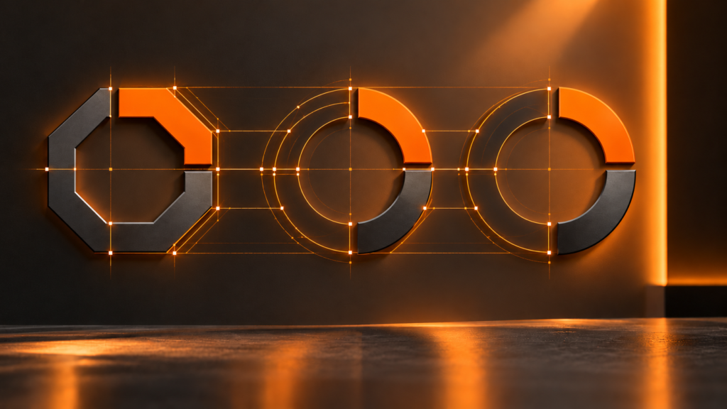 Estratégia de rebranding representada pela evolução de um símbolo angular para circular, com linhas luminosas de construção.