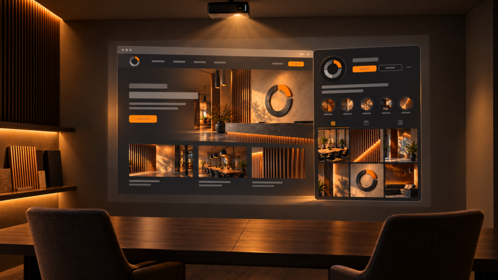 Website e perfil de Instagram com a mesma identidade visual, projectados lado a lado numa sala de trabalho.