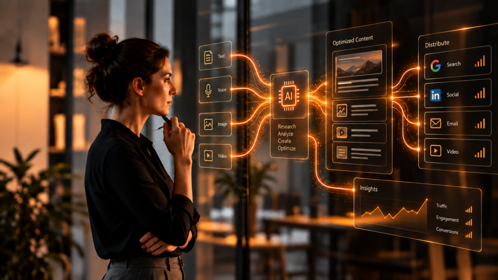 Estratégia de SEO para IA com conteúdo, pesquisa e canais digitais integrados
